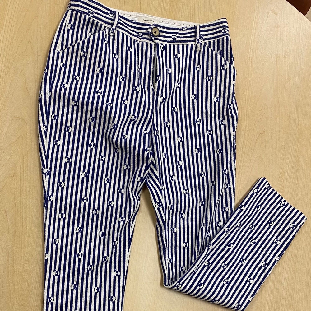 Anthropologie Womens Sz 0 Essential Slim Pants Striped Floral Blue White Pockets